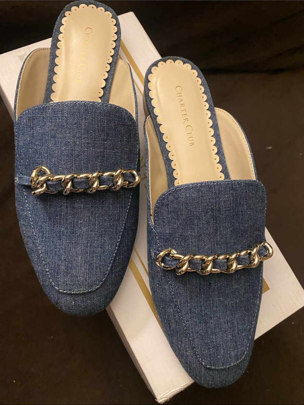 Charter Club Karid Denim Chain-Trim Backless Mules